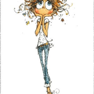 May include: Whimsical watercolor illustration of a girl with big blue eyes, brown curly hair, and a white top with a floral design. She wears blue jeans and orange boots, with butterflies floating around her head. The artwork has a light, airy feel.