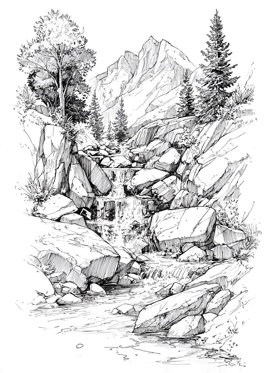 Stream Mountain Line Art Black and White Bundle 2 28 Digital Ai