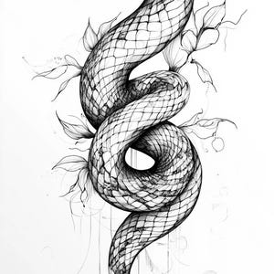 May include: A black and white line drawing of a snake wrapped around a branch with leaves. The snake is detailed with scales and has a sharp, pointed head.