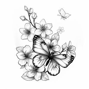 桜と蝶の黒/白の線画バンドル 2 52 デジタル線画 Ai SVG PNG
