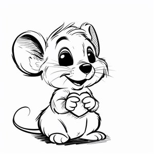 Puede incluir: Un dibujo en blanco y negro de un ratón de dibujos animados sosteniendo un corazón en sus patas. El ratón tiene ojos grandes y una gran sonrisa.
