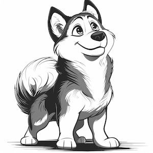 May include: A black and white cartoon illustration of a husky dog looking up with a happy expression. The dog has a fluffy tail and is standing on all four paws.