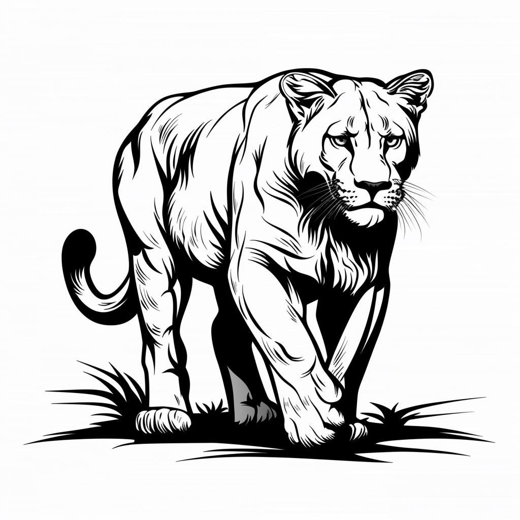 Arte de linha de leão da montanha realista em preto e branco