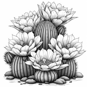 May include: Black and white illustration of a group of blooming cactus plants. The cactus flowers are large and have many petals. The cactus plants are in a desert setting with rocks and sand.