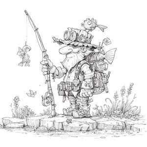 May include: A detailed black and white illustration of a cartoon fisherman with a long white beard, wearing a hat with goggles, and a backpack. He is holding a fishing rod with a fish on the line. The background includes water, grass, and a small fish.