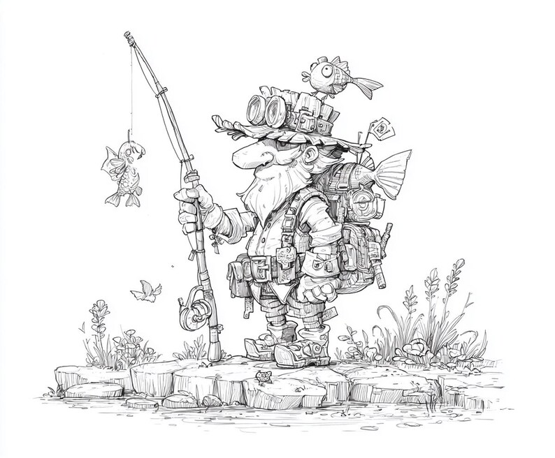 May include: A detailed black and white illustration of a cartoon fisherman with a long white beard, wearing a hat with goggles, and a backpack. He is holding a fishing rod with a fish on the line. The background includes water, grass, and a small fish.