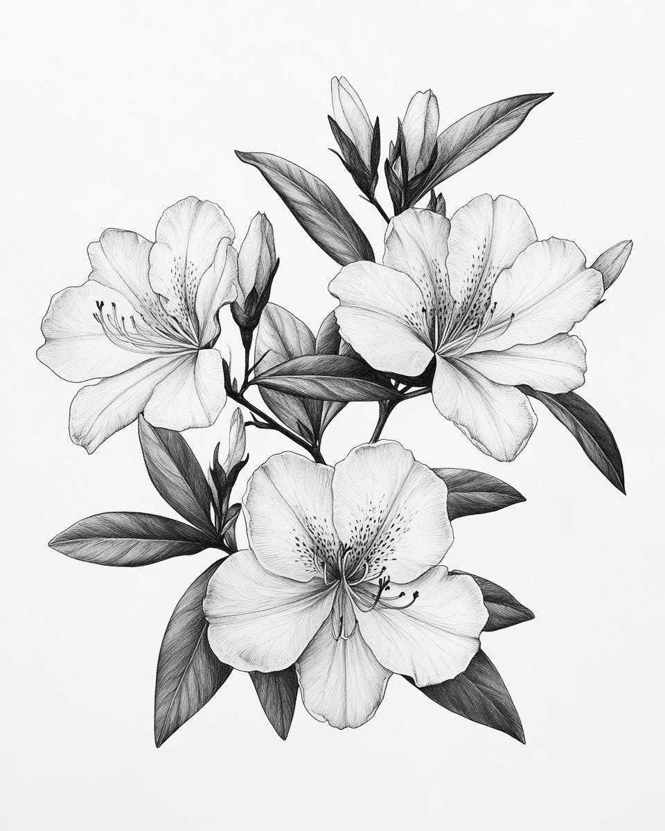 Azaleas Blooms Line Art Pen & Ink Monochrome Transparent Background ...