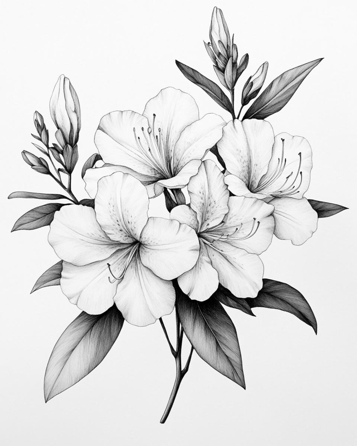 Azaleas Blooms Line Art Pen & Ink Monochrome Transparent Background ...