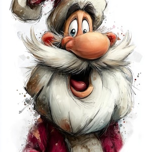 May include: A whimsical illustration of Santa Claus with a large white beard and mustache. He wears a red hat and coat with a gold button. The artwork has a watercolor effect, with splashes of color around the character.