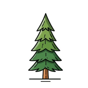 Könnte beinhalten: Ein grüner Cartoon-Tannenbaum mit braunem Stamm und schwarzen Umrissen. Der Baum ist eine einfache Illustration, perfekt für Naturmotive oder Weihnachtsdekorationen. Der Baum ist auf weißem Hintergrund zentriert.