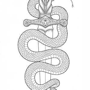 May include: Black and white illustration of a dagger entwined by a snake. The dagger has an ornate handle and a long, pointed blade. The snake is coiled around the dagger, with its head raised and tongue extended.