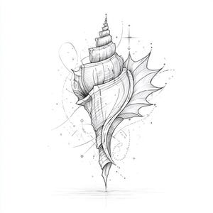 Puede incluir: Ilustración en blanco y negro de una concha marina detallada. La concha se representa con sombreado y líneas intrincadas, mostrando su forma espiral y superficie texturizada. Líneas punteadas y estrellas delicadas rodean la concha.
