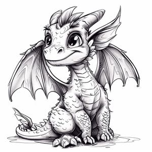 Puede incluir: Un dibujo en blanco y negro de un lindo dragón de dibujos animados con ojos grandes y alas. El dragón está sentado con las alas extendidas y la cabeza inclinada hacia un lado.