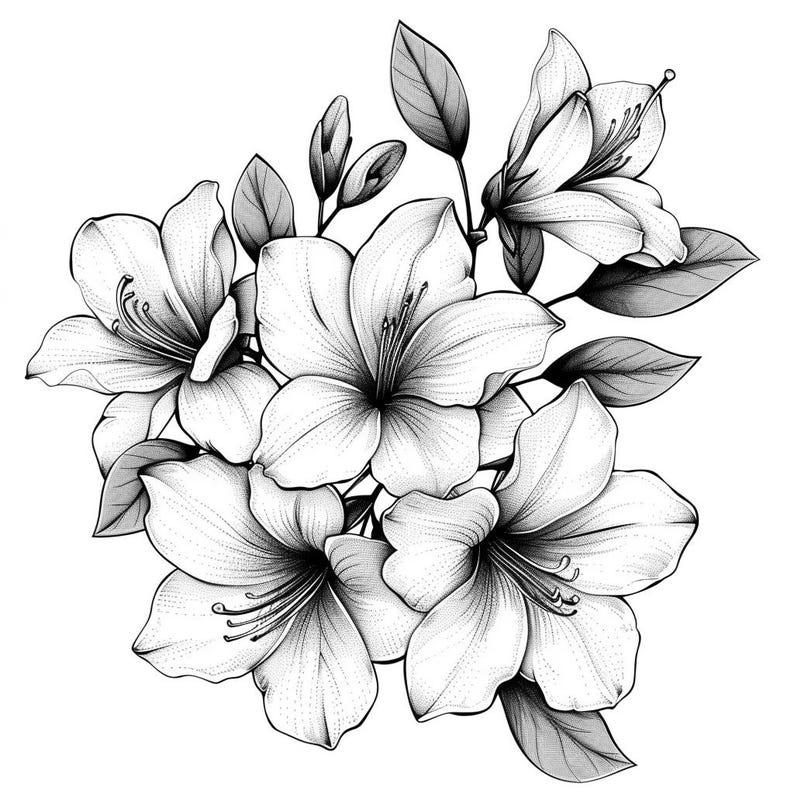 Azaleas Blooms Line Art Pen & Ink Monochrome Transparent Background ...