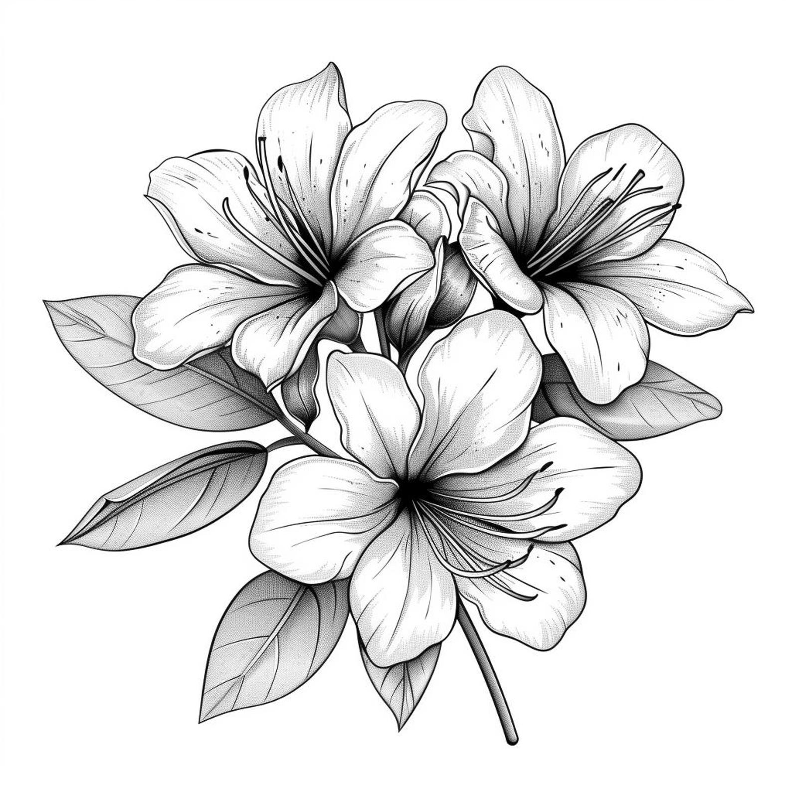 Azaleas Blooms Line Art Pen & Ink Monochrome Transparent Background ...
