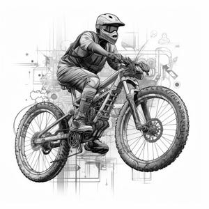 May include: A black and white illustration of a person riding a mountain bike. The person is wearing a helmet and goggles. The bike has a suspension fork and disc brakes. The background is a stylised design of gears and other mechanical elements.