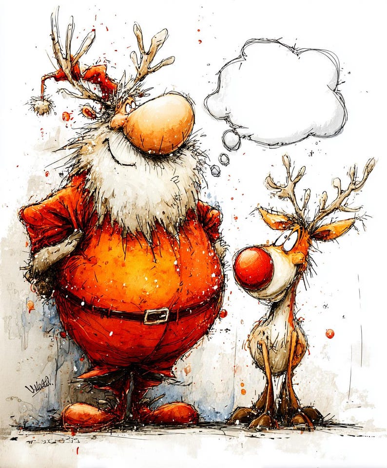 Santa With Rudolf Santa and Rudolf Crazy Cartoon Line Art Color Bundle 1 22 Digital Ai ...