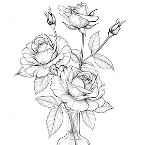 Può includere: Un disegno in bianco e nero di tre rose in un vaso di vetro trasparente. Le rose sono in piena fioritura e hanno petali delicati. Il vaso è semplice ed elegante.