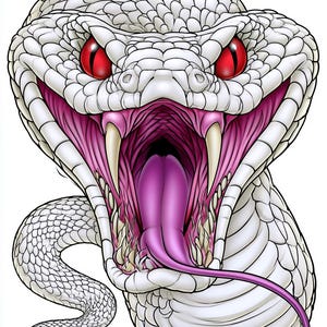 Könnte beinhalten: Eine detaillierte Illustration einer weißen Schlange mit weit geöffnetem Maul, scharfen Giftzähnen und einer langen, violetten gespaltenen Zunge. Die Schlange hat intensive rote Augen und strukturierte Schuppen in einer aggressiven Pose.