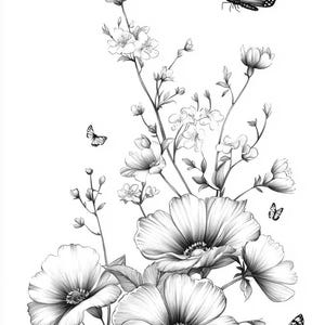 May include: A black and white pencil drawing of a bouquet of flowers with butterflies. The flowers are in bloom and have delicate petals. The butterflies are flying around the flowers.