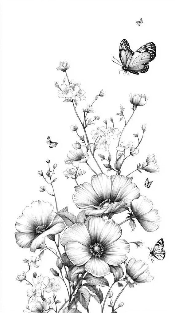 花の線描 春の花の縦型ボーダー、白黒線画、鮮やかな色彩のバンドル1 48個の