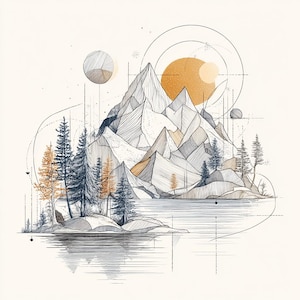Può includere: Un'illustrazione artistica di un paesaggio montano con un lago, alberi e forme geometriche. L'opera presenta una tavolozza di colori bianco, grigio, oro e blu. Le montagne sono dettagliate con ombreggiatura e gli alberi sono stilizzati.