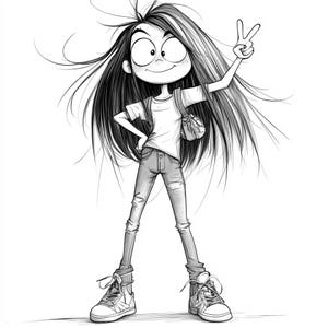 Student Groovy "Sarah"  Cartoon Line art illustration  Black and White  Bundle 1   48 Digital Line Art Ai  Svg-Png