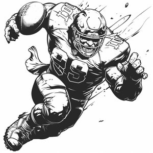May include: Black and white illustration of a football player running with the ball. The player is wearing a helmet, jersey, and pants. The player is in mid-stride and the ball is in his right hand.