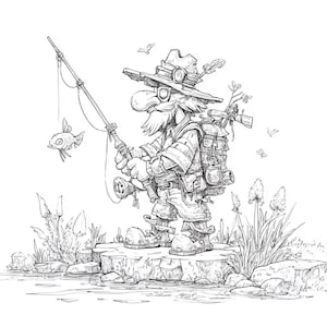 May include: Black and white illustration of a fisherman with a long white beard, wearing a hat, backpack, and boots, fishing with a rod. A small fish is on the hook. The fisherman is standing on a rock near water, with plants in the background.