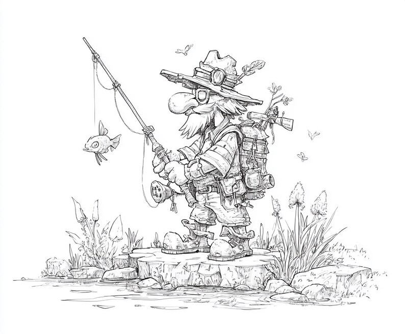 May include: Black and white illustration of a fisherman with a long white beard, wearing a hat, backpack, and boots, fishing with a rod. A small fish is on the hook. The fisherman is standing on a rock near water, with plants in the background.