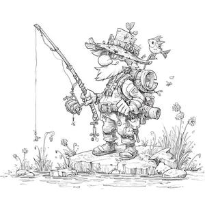 May include: Detailed black and white illustration of a fisherman with a long white beard, wearing a hat, overalls, and a backpack. He is standing on a rock, holding a fishing rod, with a small bird perched on his hat. The scene includes water and plants.