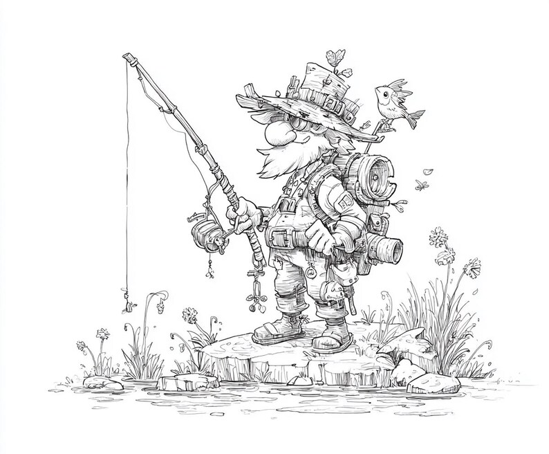 May include: Detailed black and white illustration of a fisherman with a long white beard, wearing a hat, overalls, and a backpack. He is standing on a rock, holding a fishing rod, with a small bird perched on his hat. The scene includes water and plants.