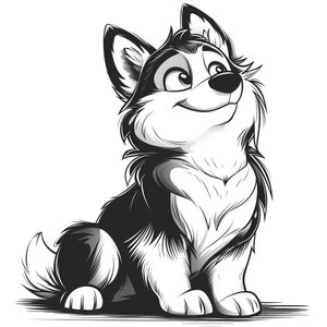 May include: A black and white cartoon illustration of a husky dog sitting and looking up. The dog has a fluffy tail and a friendly expression.