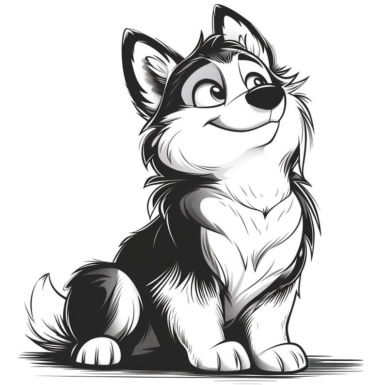 May include: A black and white cartoon illustration of a husky dog sitting and looking up. The dog has a fluffy tail and a friendly expression.