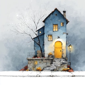 Può includere: Illustrazione ad acquerello di una casa blu con una porta gialla e finestre illuminate. Un albero spoglio è accanto alla casa e un lampione illumina la scena. La casa è su una base di pietra con gradini.