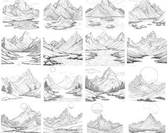 Mountains Clean Line Art - Black/white Bundle 3 24 Digital Line