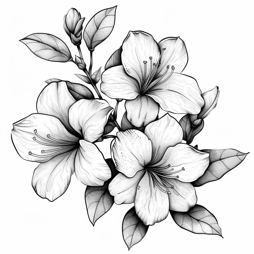 Azaleas Blooms Line Art Pen & Ink Monochrome Transparent Background ...