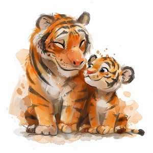 Tiger and Cub in Watercolor Illustration Bundle 2.     24 Digital Line Art Ai  Svg-Png