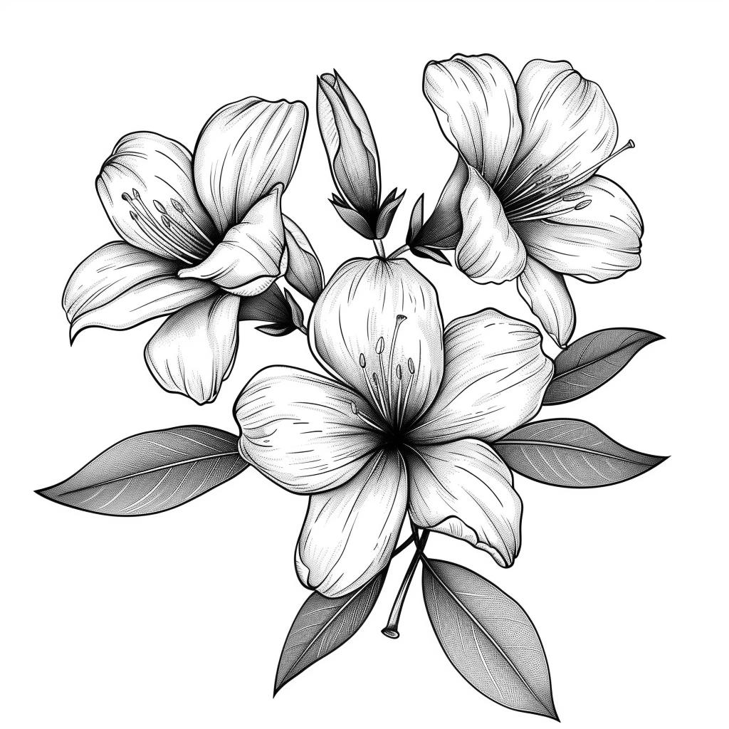 Azaleas Blooms Line Art Pen & Ink Monochrome Transparent Background ...