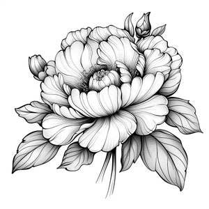 Könnte beinhalten: Eine Schwarzweiß-Zeichnung einer Pfingstrose mit Blättern. Die Blume ist in voller Blüte und hat viele Blütenblätter. Die Blätter sind detailliert und haben ein realistisches Aussehen.