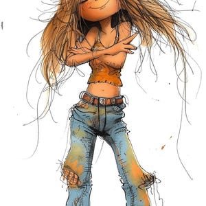 Ilustración de arte lineal de dibujos animados de mujer estudiante Groovy Color Paquete 5 42 Arte lineal digital Ai Svg-Png