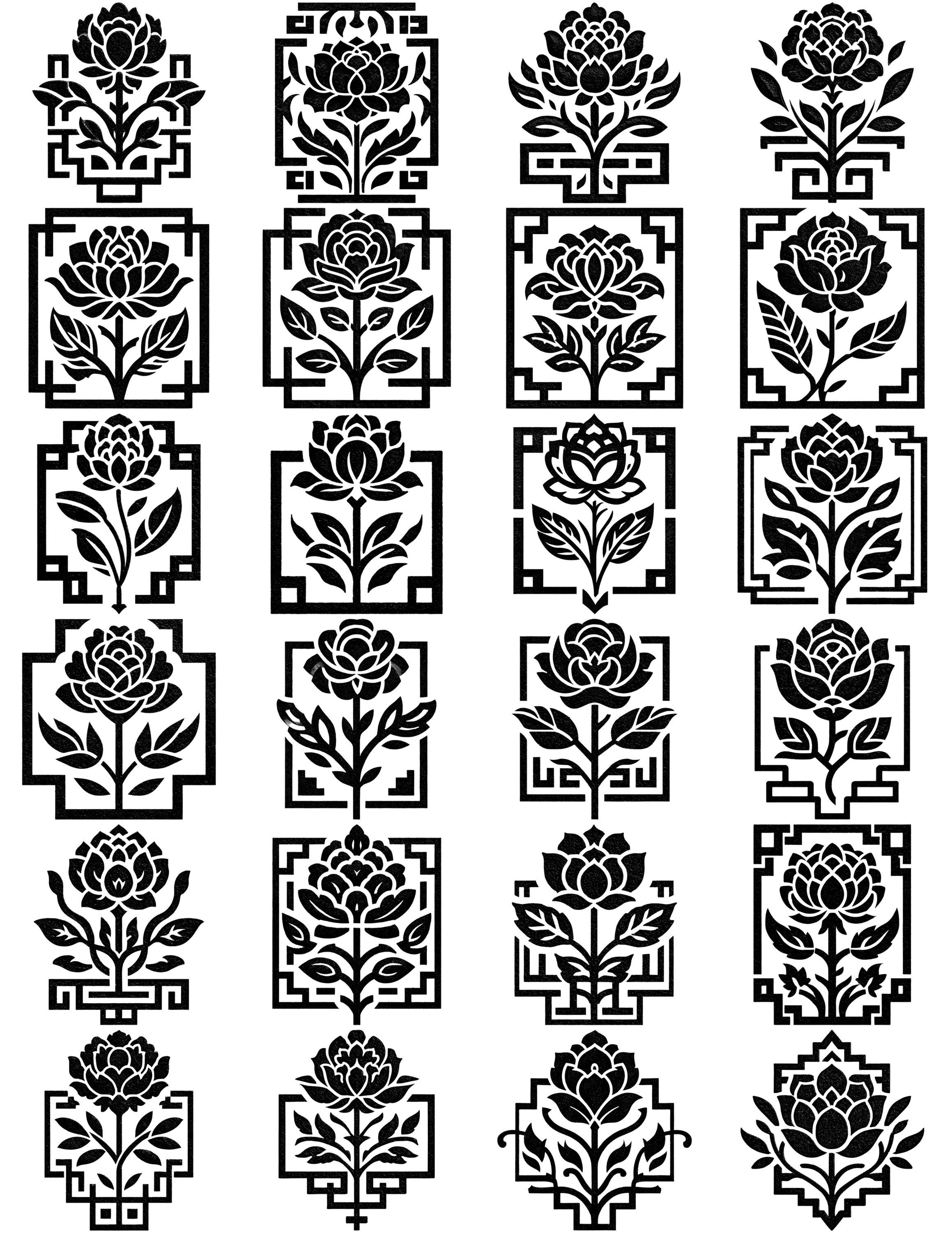 Rose Blossoms Byzantine Style Black/white Line Art Bundle 1 55 Digital ...