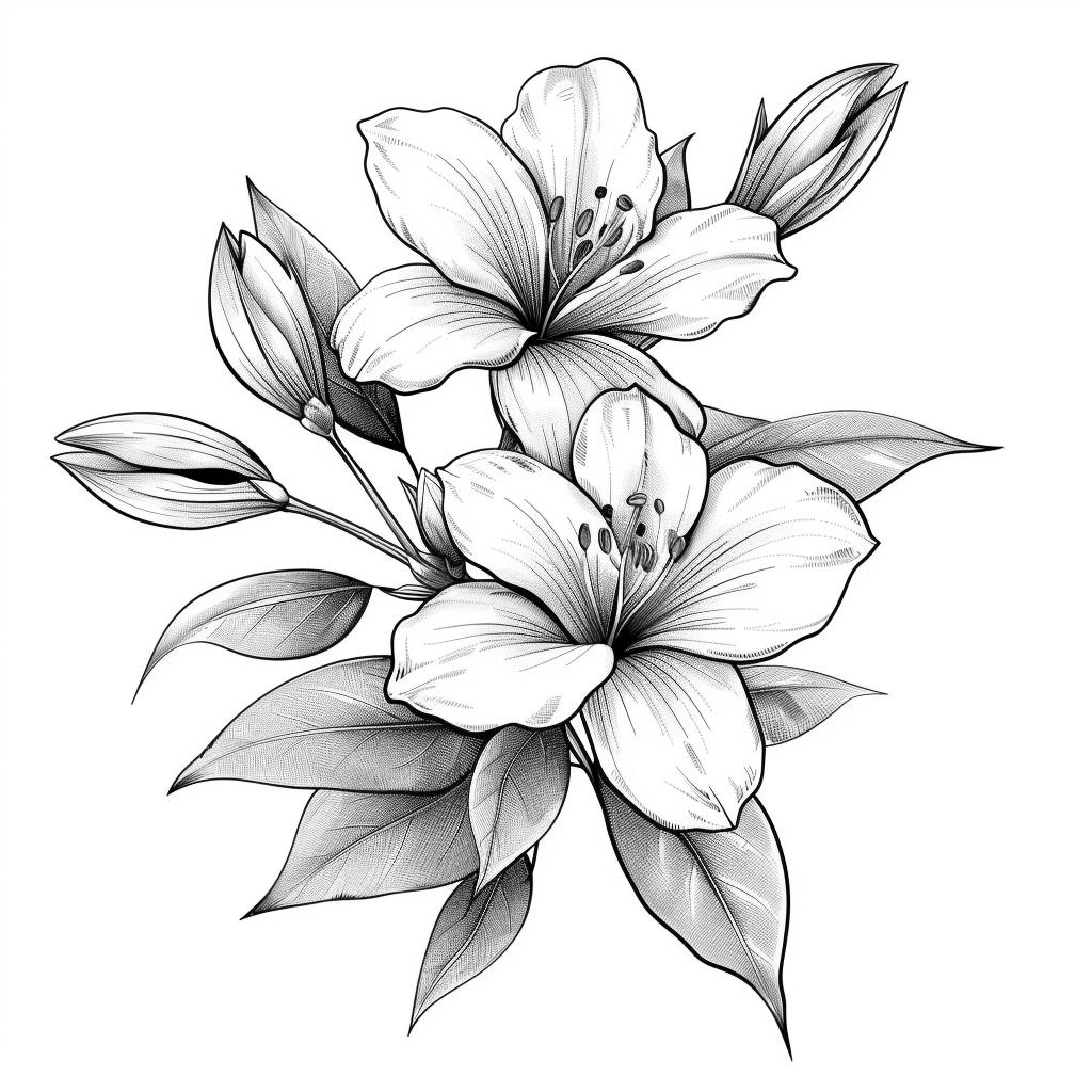 アザレアの花の線画 ペン＆インク モノクロバンドル 4 24 デジタル Ai