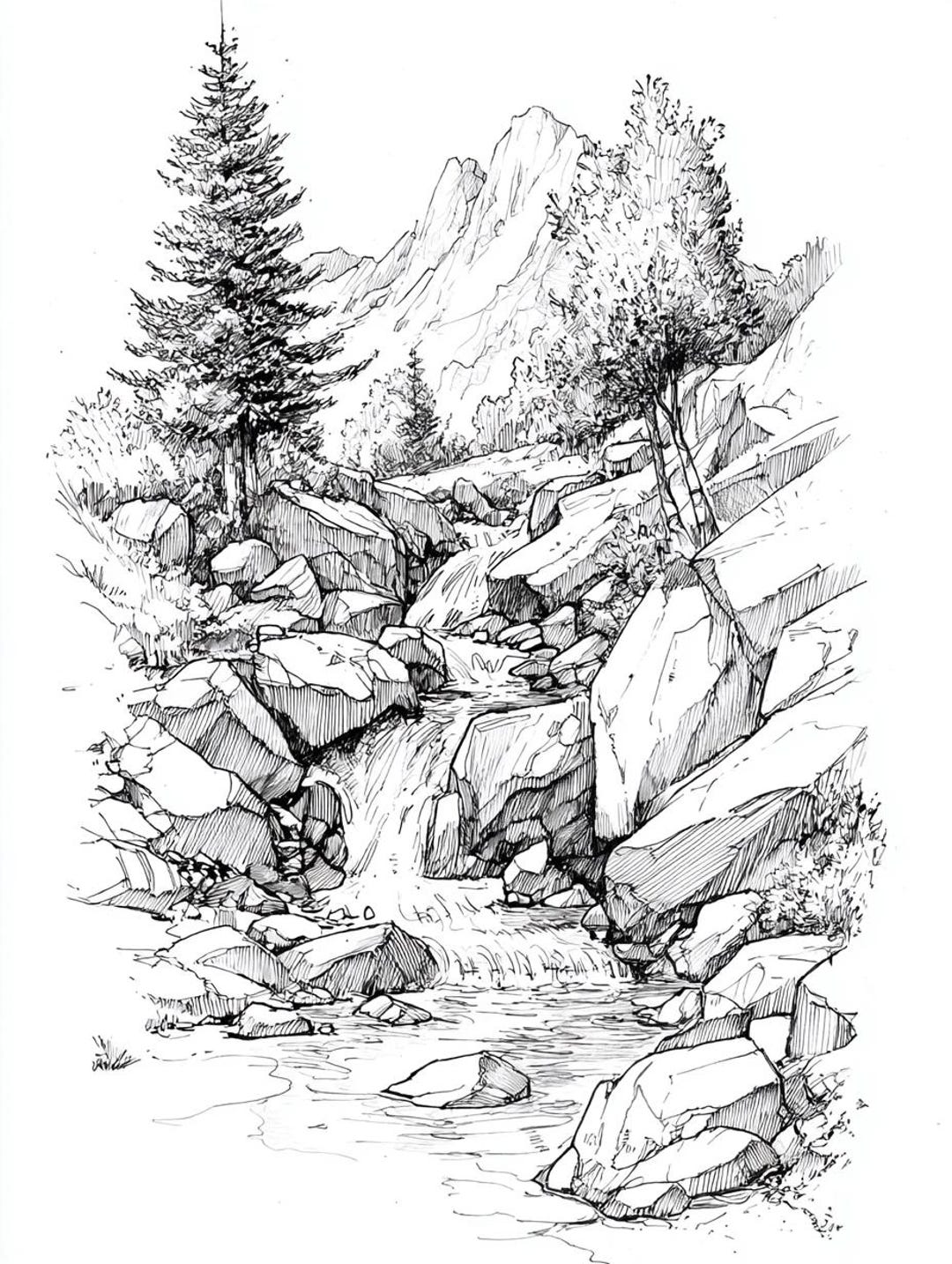 Stream Mountain Line Art Black and White Bundle 2 28 Digital Ai