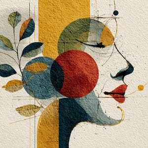 May include: Abstract art print featuring a profile of a face composed of geometric shapes and lines. The artwork uses a palette of red, blue, yellow, and green against a cream background. A branch with leaves is also included in the design.