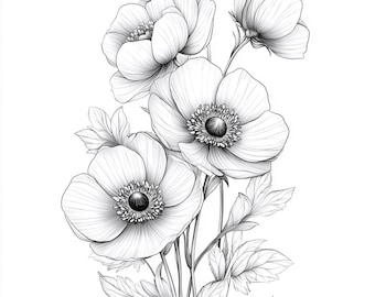 アネモネの花の線画 白黒バンドル 1 42 デジタル Ai 線画 PNG-SVG