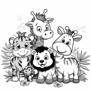 Gruppo di animali da circo Cartone animato in bianco e nero Bundle 2 32 Digital Line Art Ai Svg-Png