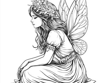May include: Black and white illustration of a fairy kneeling, with long flowing hair and a floral crown. The fairy has large, detailed wings and is wearing a flowing dress. The image is a line drawing, suitable for coloring or print.