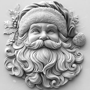 May include: A detailed, white, 3D sculpture of Santa Claus's face with a white beard and a red hat. The sculpture is set against a white background.