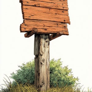 May include: A weathered wooden signpost with a rectangular sign made of horizontal planks. The sign is supported by a thick wooden post, with green bushes and tall grass at the base. The sign is a rustic, vintage style.